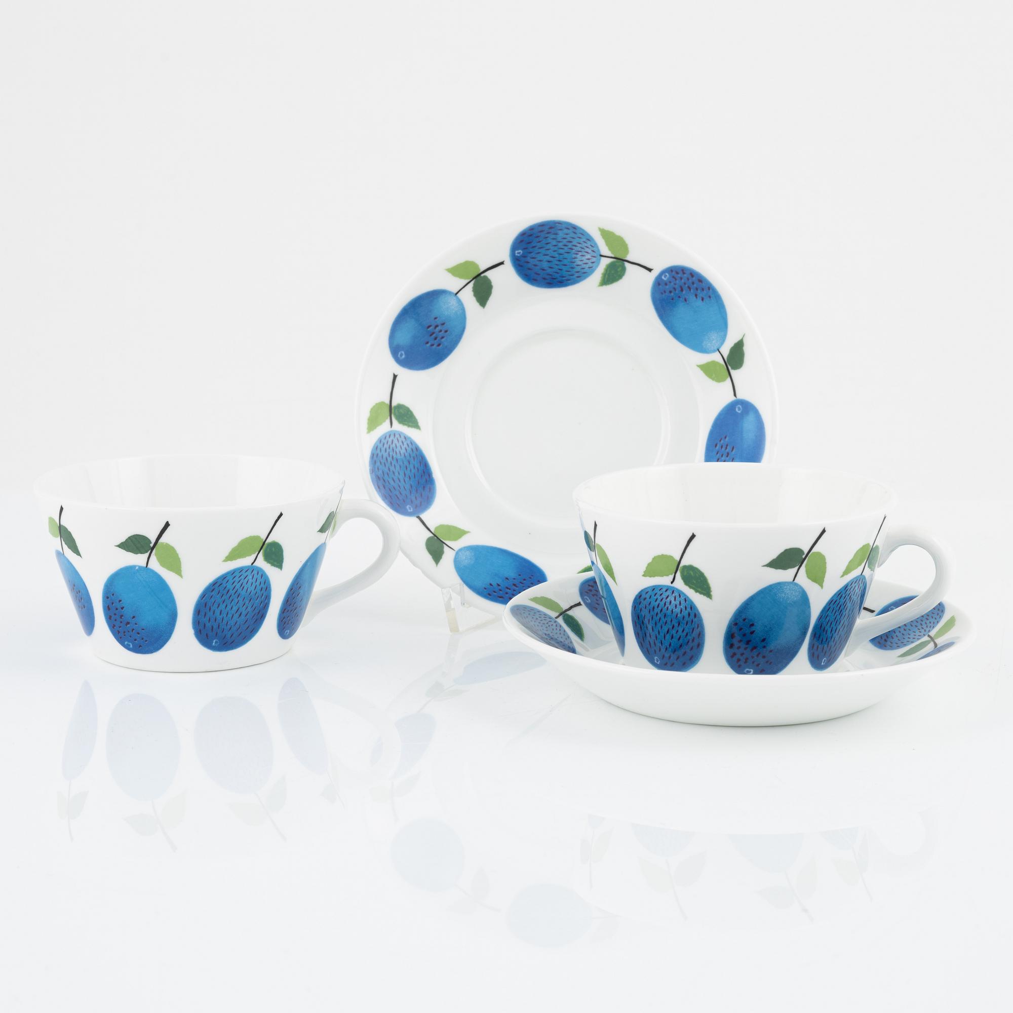 Stig Lindberg, tekoppar med fat, 12 st,   benporslin, "Prunus", Gustavsberg.