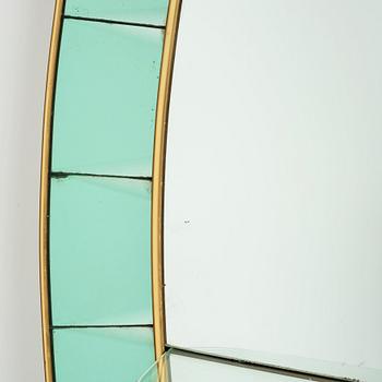 Italian designer, a wall mirror, 1950-60's. Emerald green tinted glass and brass frame.