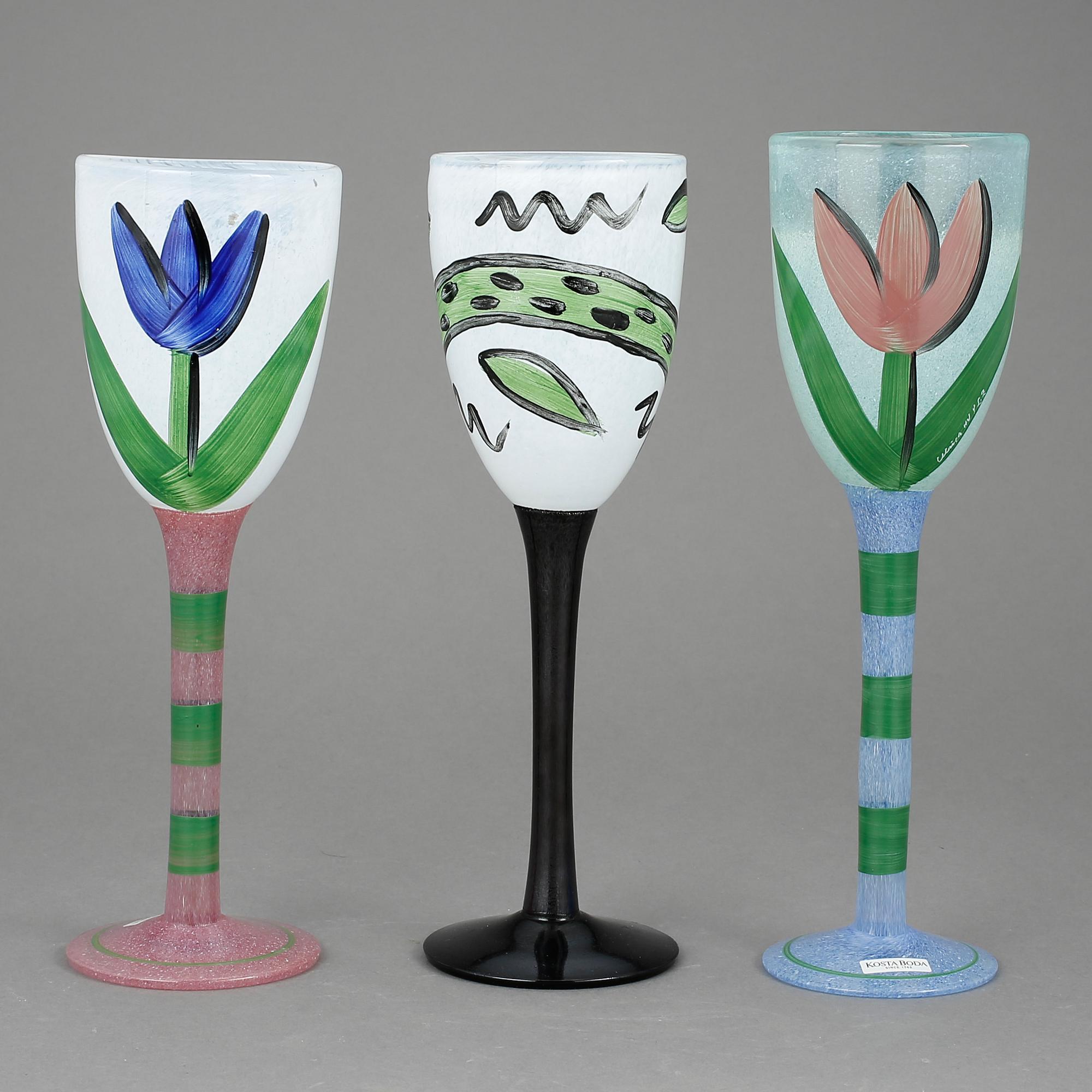 POKALER, 3 st, glas, Ulrica Hydman-Vallien, Kosta Boda.