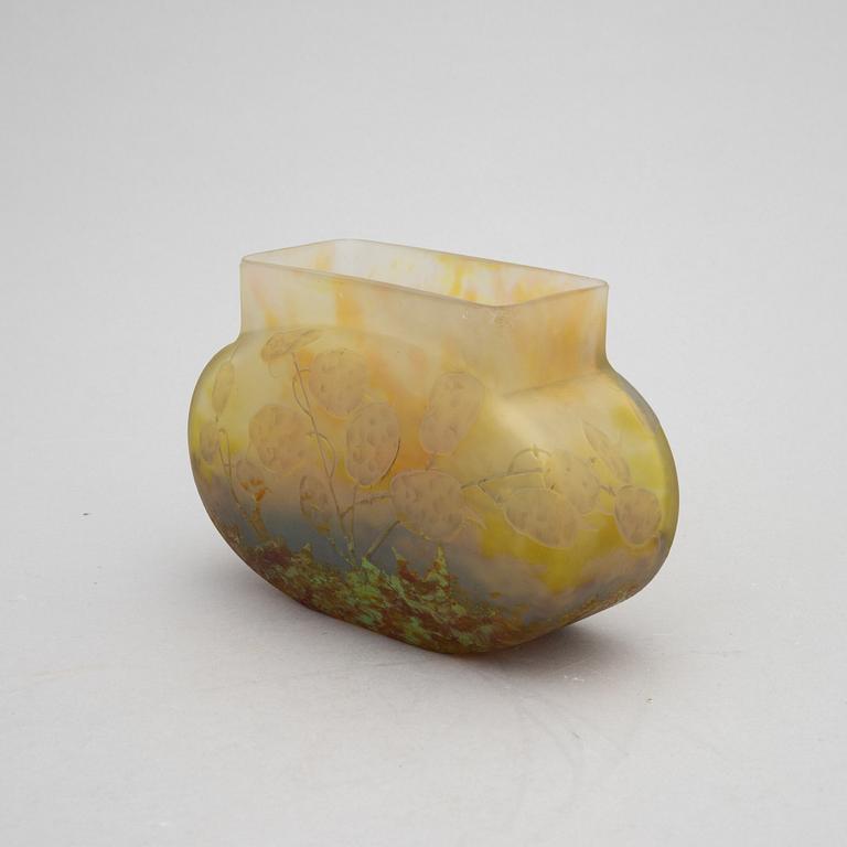 Daum, an etched and enamel painted Art Nouveau glass vase, Nancy, France, early 1900's.