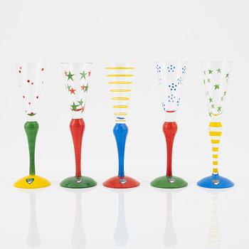 Anne Nilsson, 13 'clown' schnapps glasses, Orrefors, Sweden, signed.