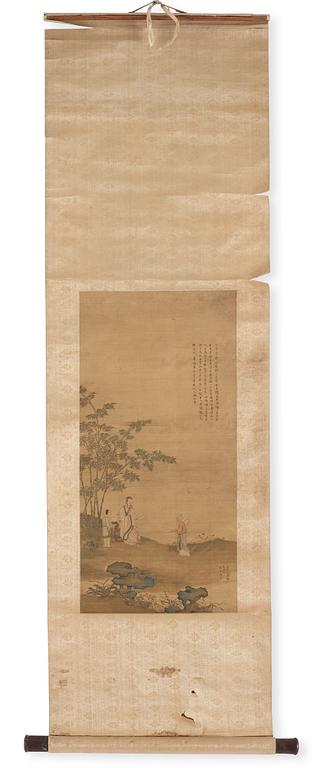 A Chinese scroll painting, ink and colour on silk laid on paper, Qing dynasty, probably 18th Century.