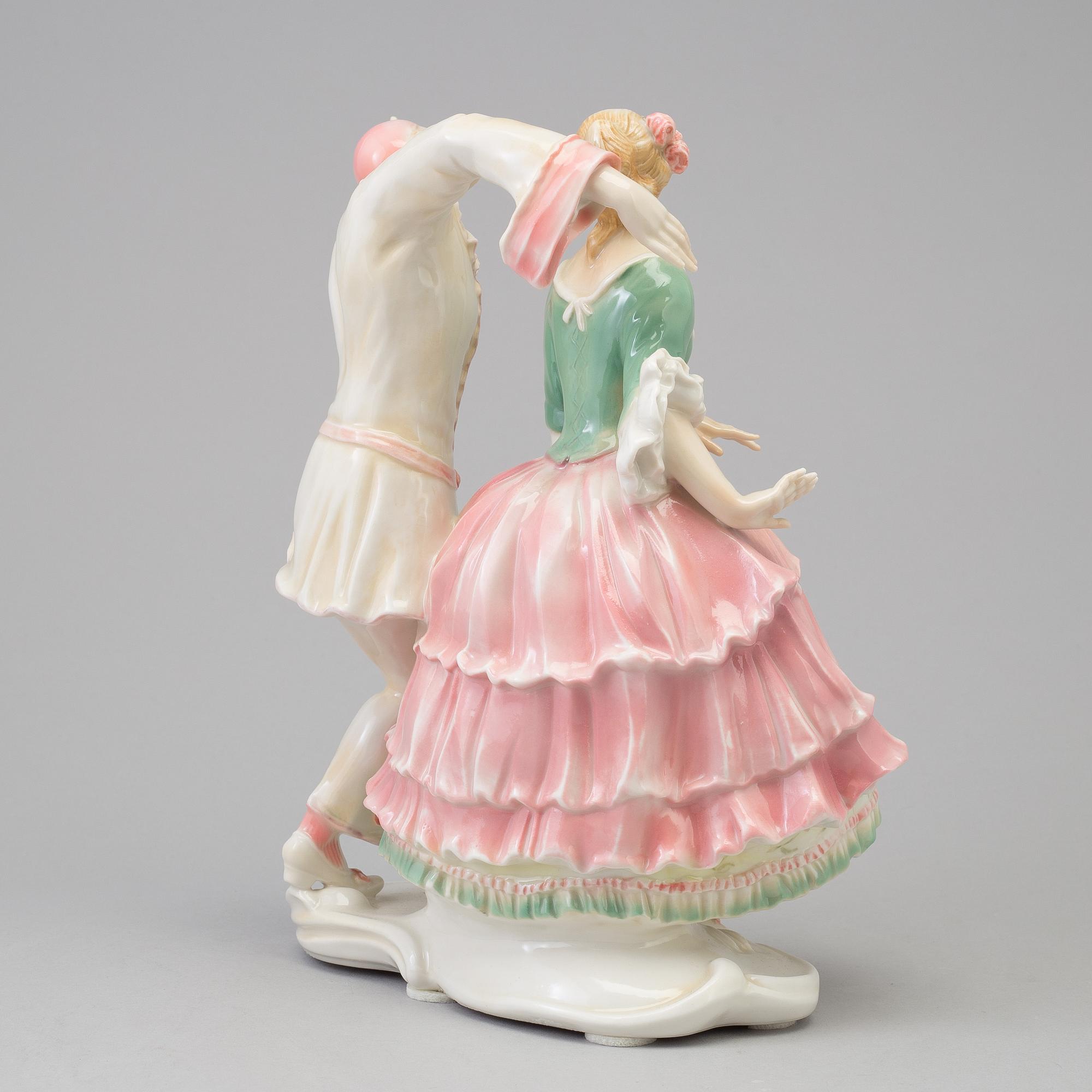 A Enz-porzellan 'Pierrot & Colombine' porcelain figure group, Volkstedt, Germany, 1940s.