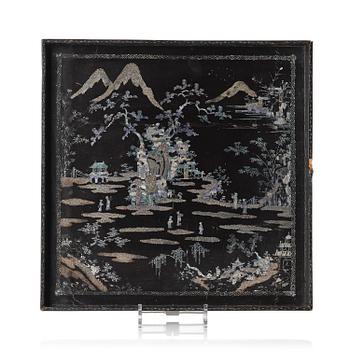 1029. A black lacquer and mother of pearl tray, Qing dynasty, 18th century.