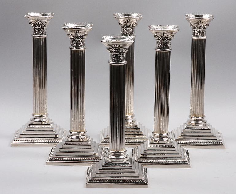 KOLONNLJUSSTAKAR, 6 st, nysilver. Empirestil.