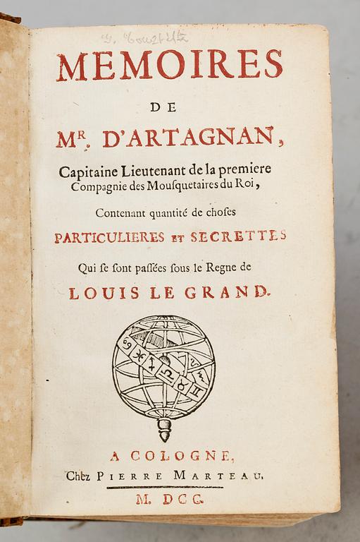 BOK, "Memoires de Mr d´Artagnan" av G. Courtilz de Sandraz, Köln 1700-01.