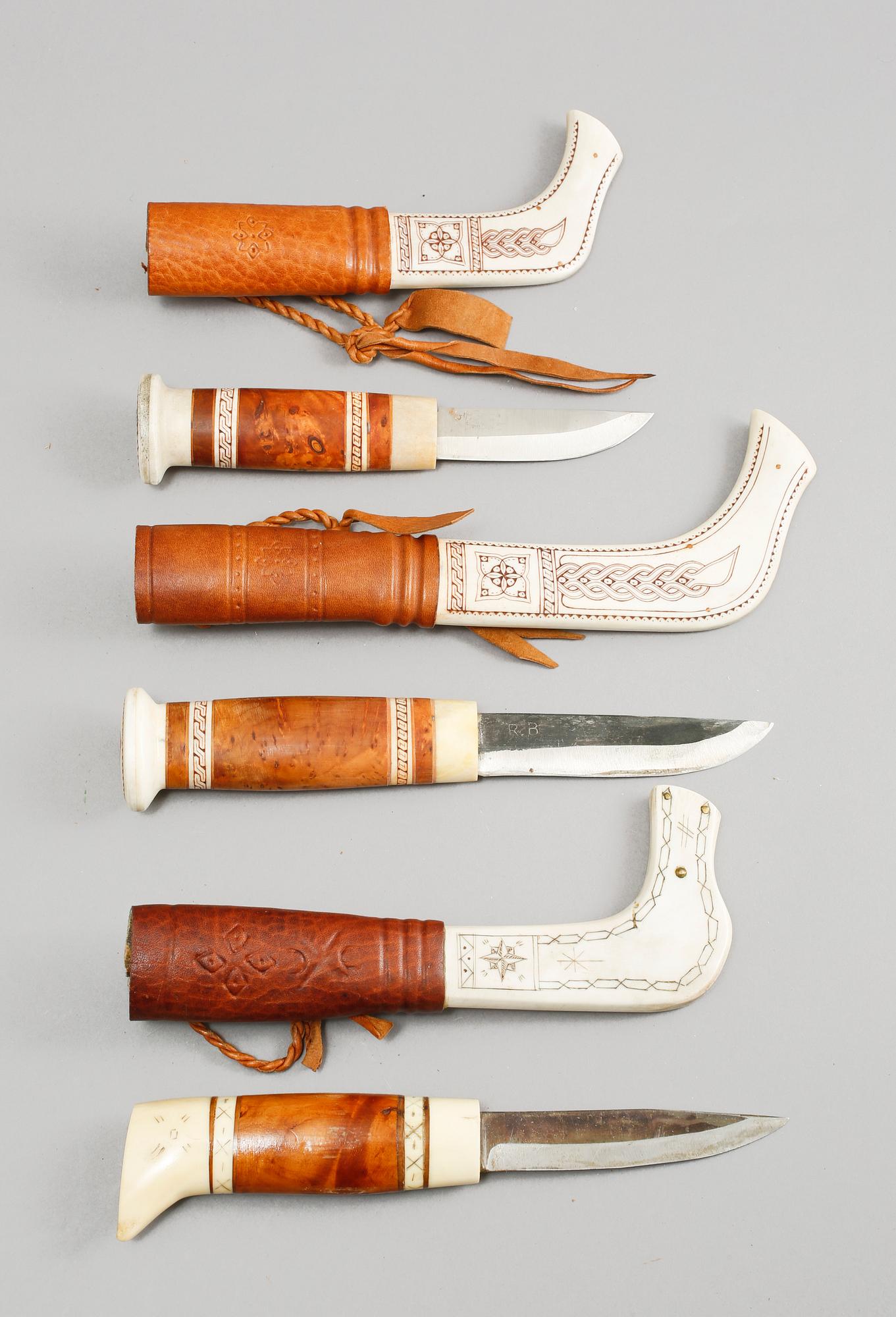 SAMEKNIVAR, 3 st, monogramsignerade TH, troligen Johan Mikael Huuva samt JW, 1900-tal.