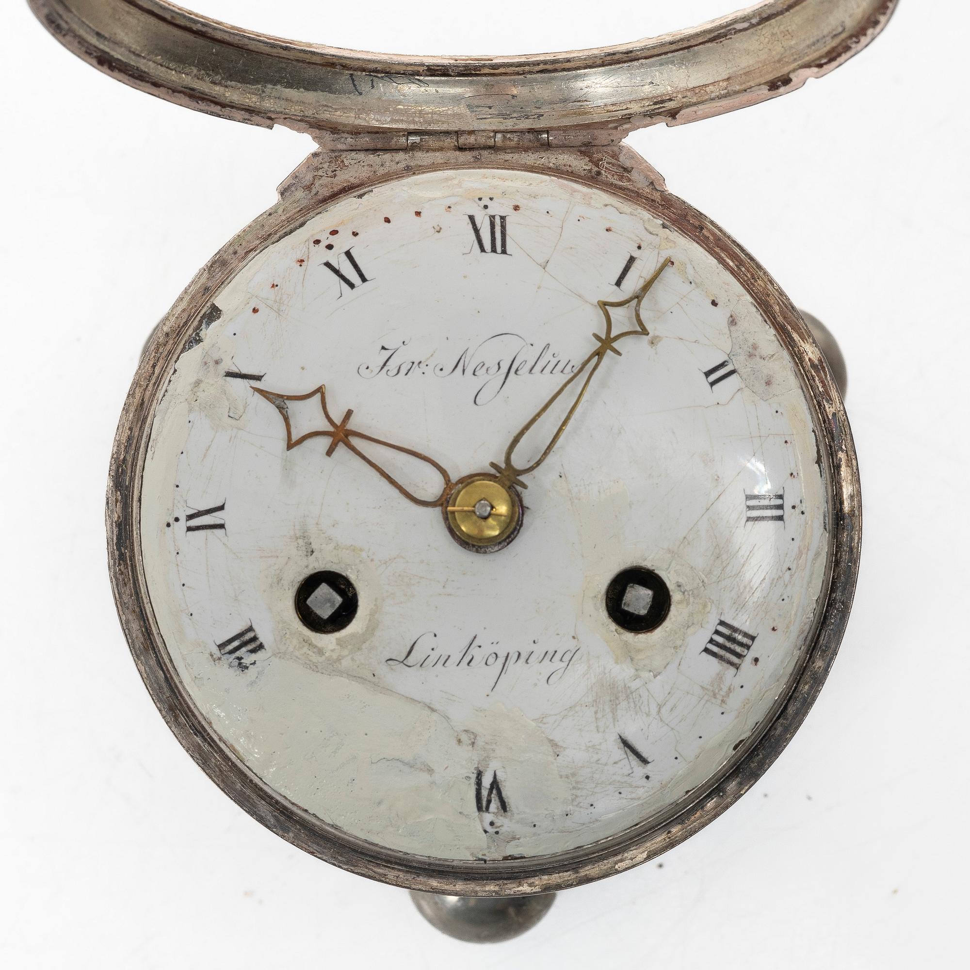 A silver carriage clock by I. Nesselius (watchmaker 1811-46), case by P. G. Strömberg, Linköping 1820.