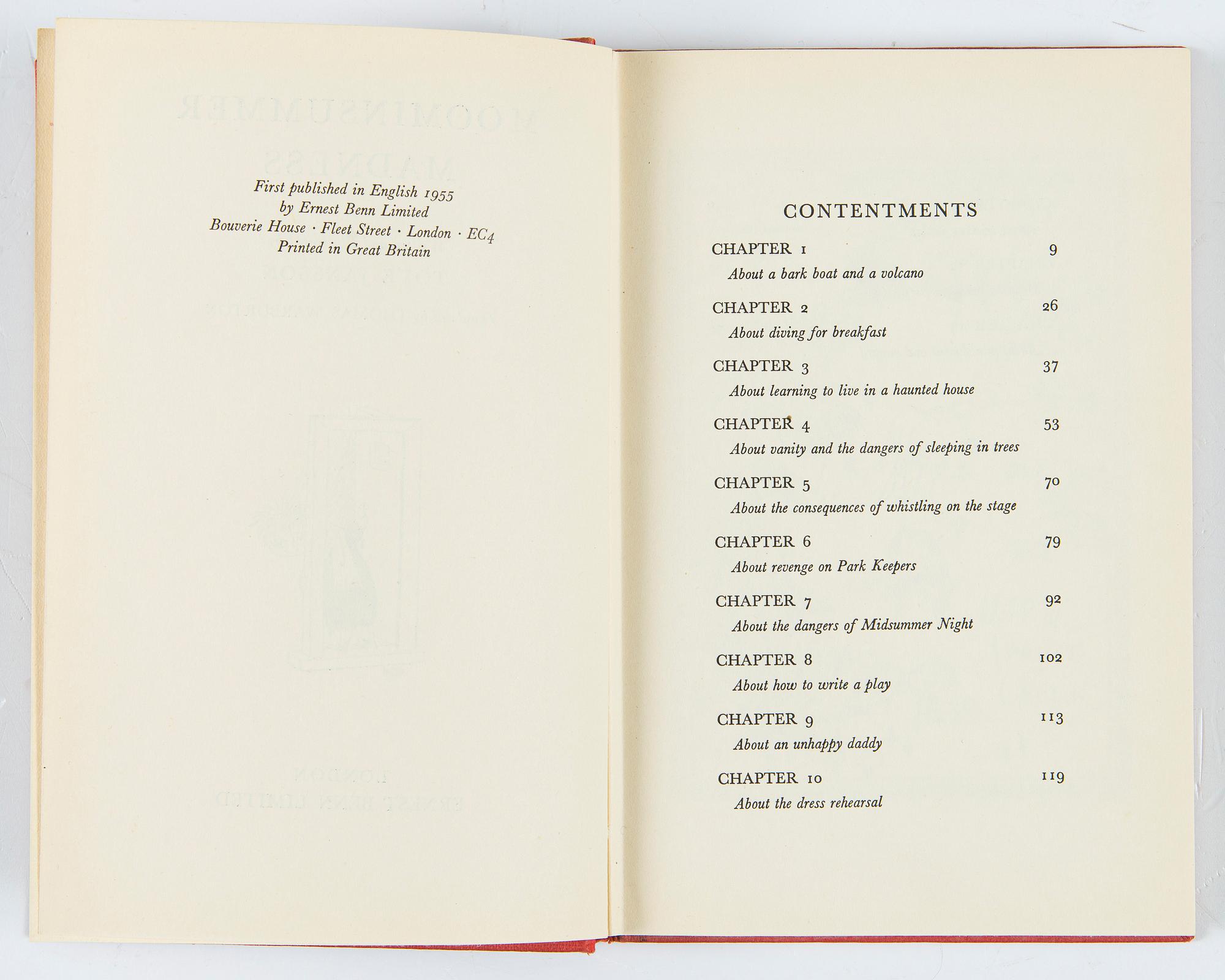 Tove Jansson, Bok 1 upplagan "Moominsummer Madness", Limited Ernest Benn London 1955.