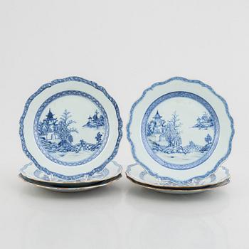 Six Chinese blue and white export porcelain plates, Qing dynasty, Qianlong (1736-95).