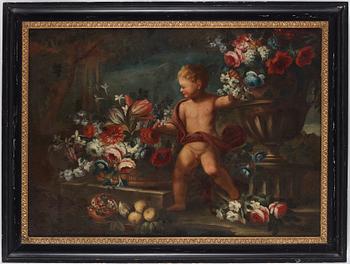 645. Abraham Brueghel Hans krets, Stilleben med blommor och putto.