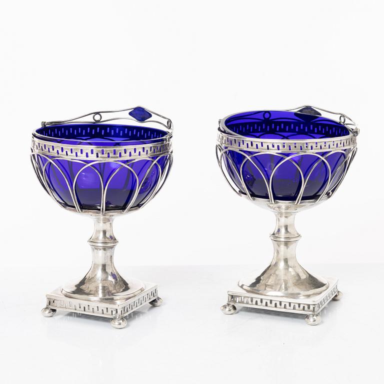 Fredrik Nymansson, a pair of confectionery bowls in silver and blue glass, Kristinehamn, Sweden, 1817.