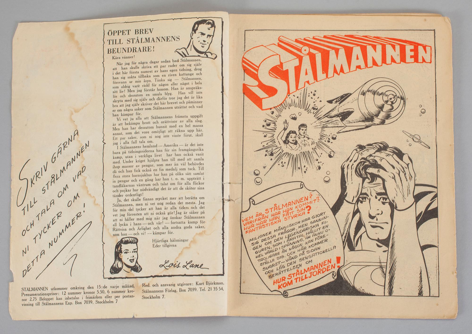 SERIETIDNINGAR, 2 st, Stålmannen, nr 1 resp 2, 1949.