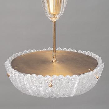 Carl Fagerlund, a brass and glass ceiling lamp, Orrefors, late 20th century.