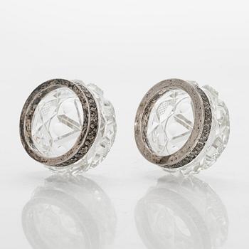 A set of six Estonian glass and silver salt cellars, maker's mark of Hirsch Markowitsch, Tallinn 1922-39.