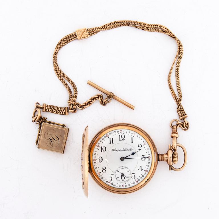 FICKUR, förgylld mässing, Hampden Watch Co, USA, ca 1900, med kedja.