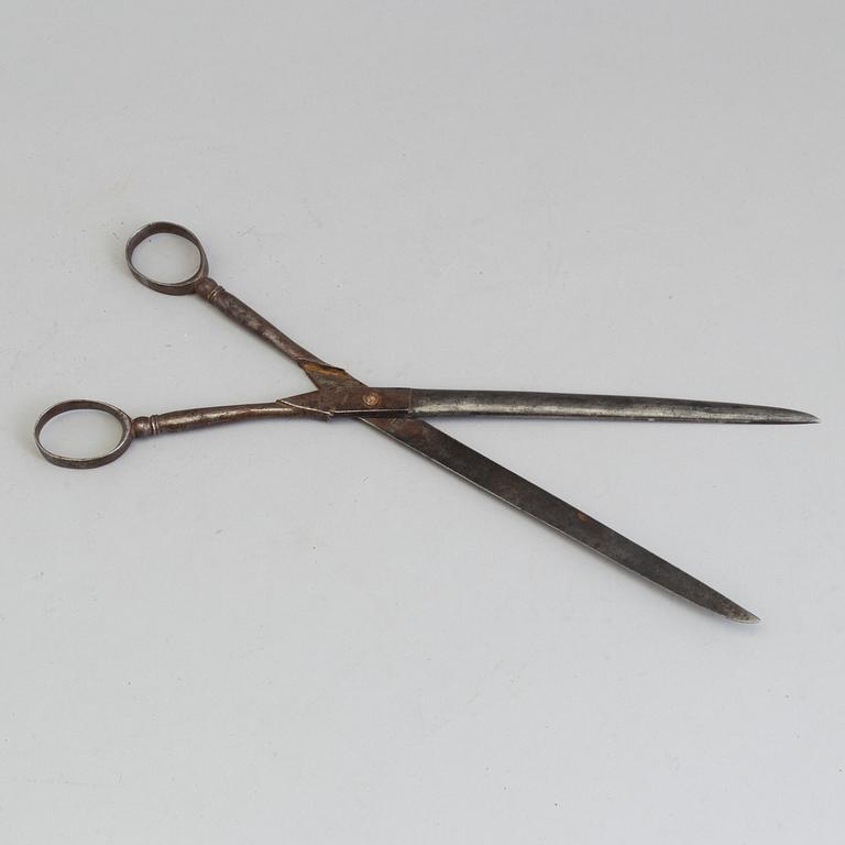 A PAIR OF SCISSORS, iron, 18th century.