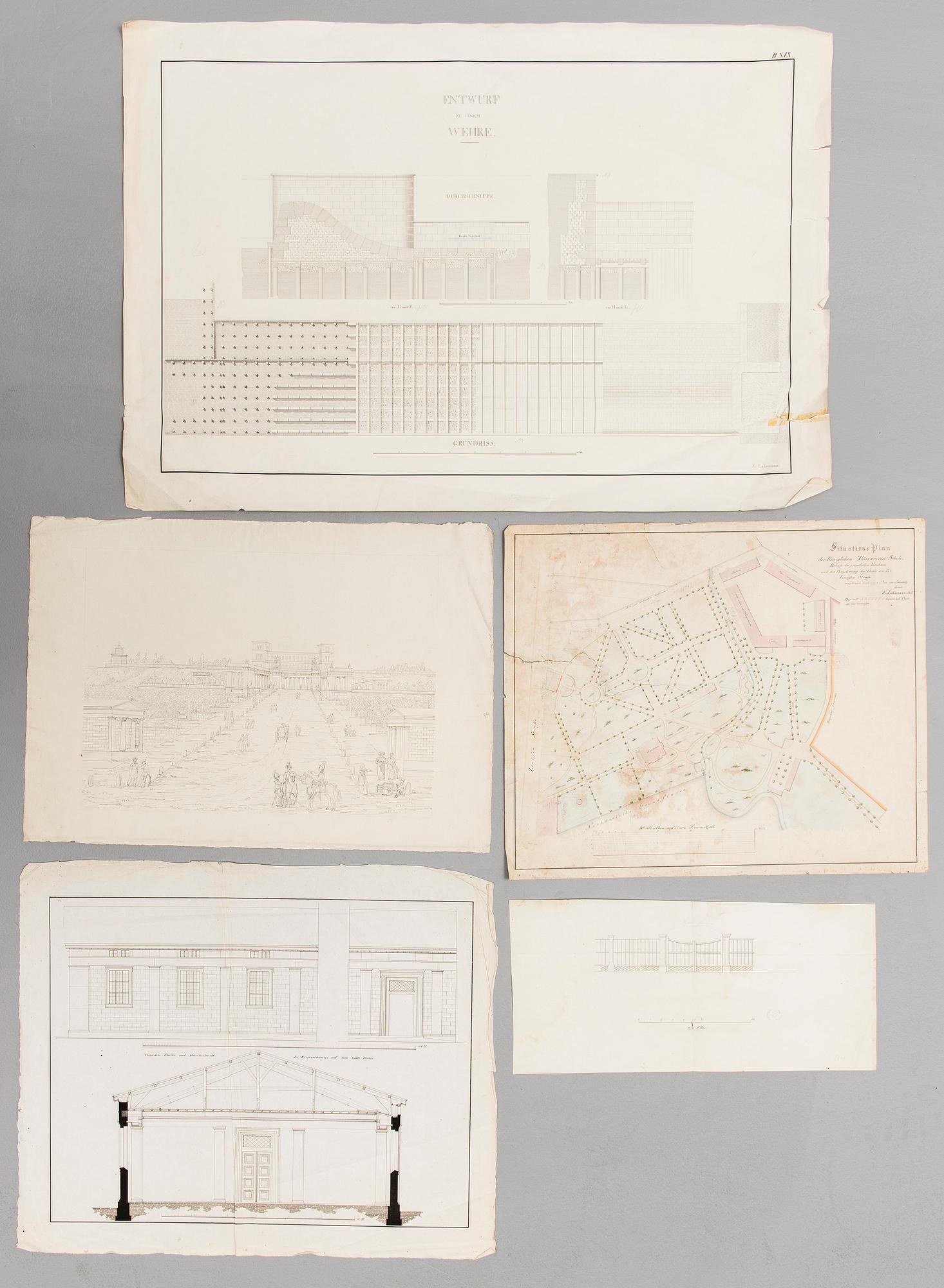 ARKKITEHTIPIIRUSTUKSIA JA KOPIOITA ALKUPERÄISISTÄ PIIRUSTUKSISTA, 5 kpl, Ernst Lohrmann ja väitetty, 1830-40-luku.