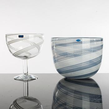 HEIKKI ORVOLA, two bowls, glass, signed, Nuutajärvi, Notsjö, Finland.