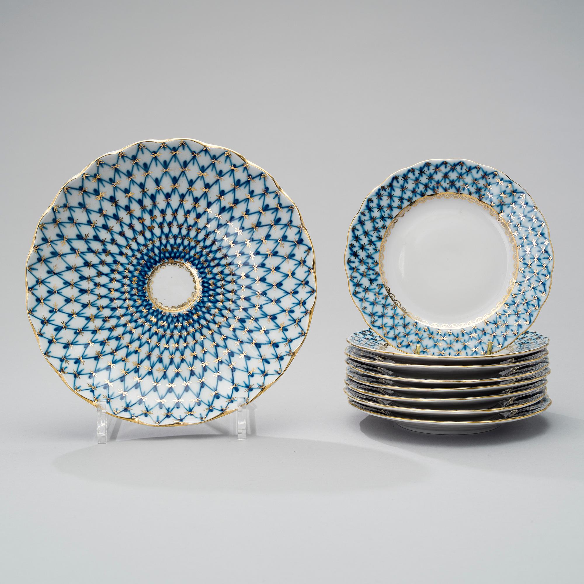 KAFFESERVIS, 17 delar, porslin, "Blue net", Lomonosov, Sovjet, 1980-tal.