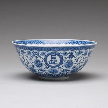 A blue and white Chinese bowl, presumably Republic, with Qianlong mark.