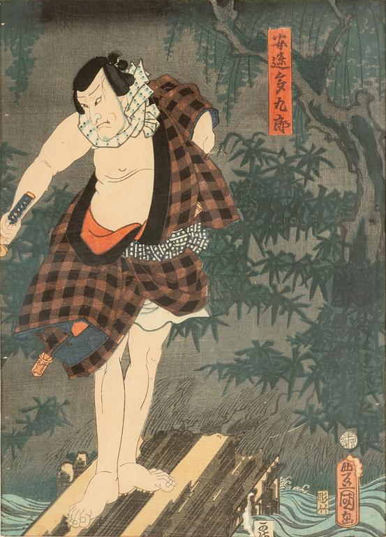 Utagawa Kunisada, a woodblock print triptych, mid 19th Century.