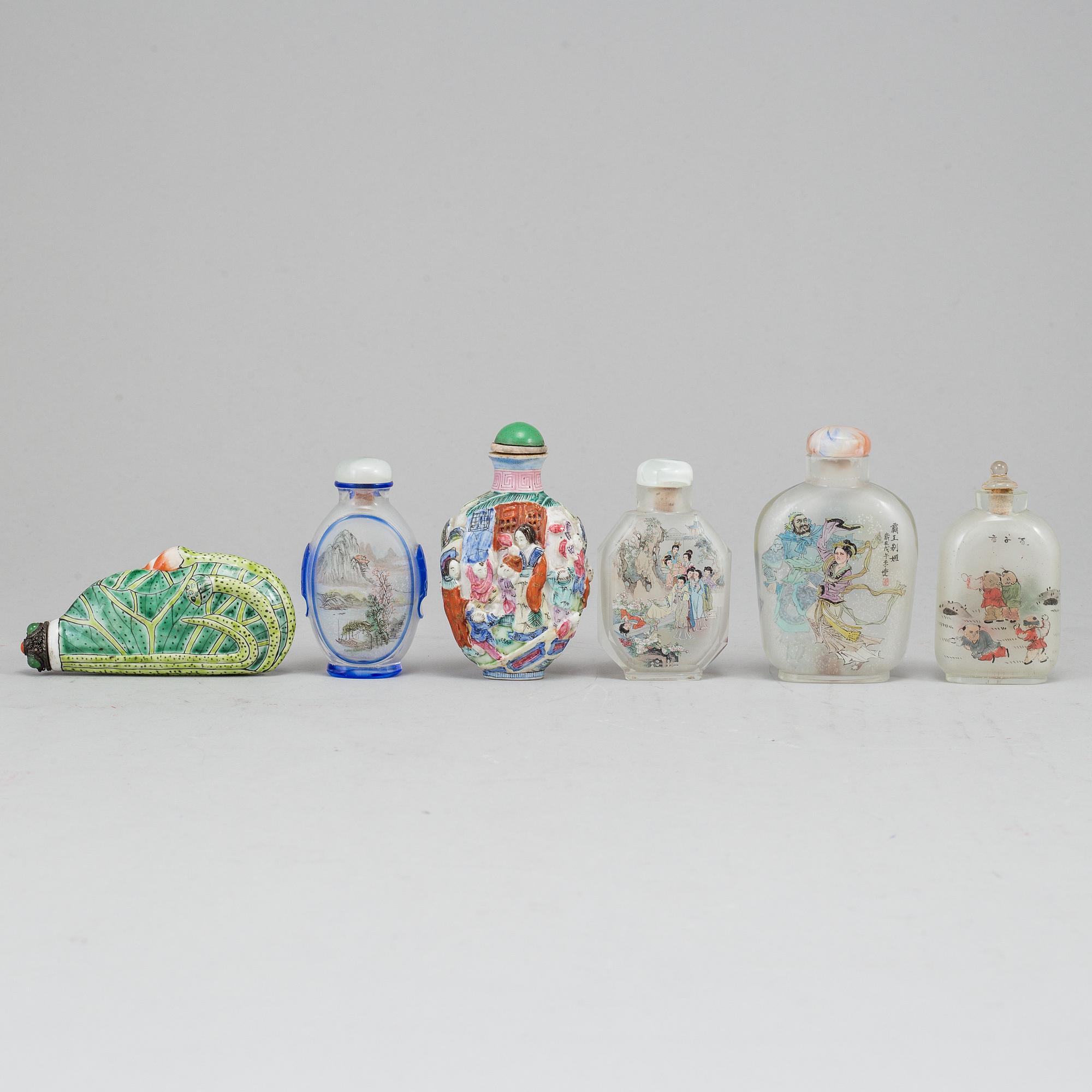 A group of six snuff bottles, 20th century.