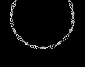 A long platinum and brilliant cut diamond necklace, tot. 14.20 cts.
