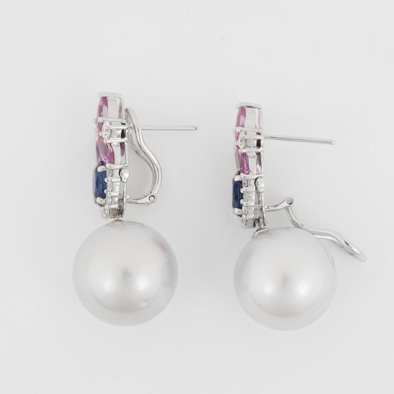 A pair of cultured South Sea pearl, sapphire and diamond earrings.