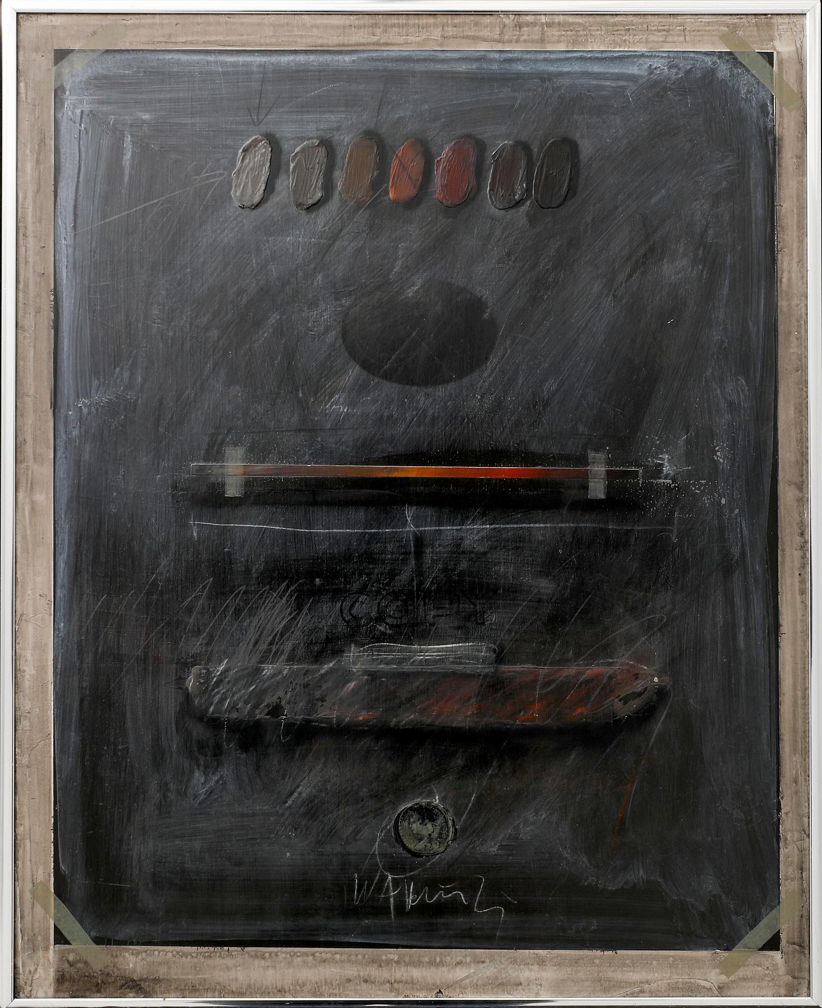 Jörgen Waring, blandteknik/collage på pannå, signerad.