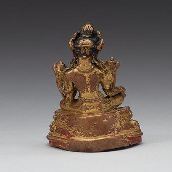 GRÖN TARA, förgylld kopparlegering. Tibet, 1500-tal eller tidigare.