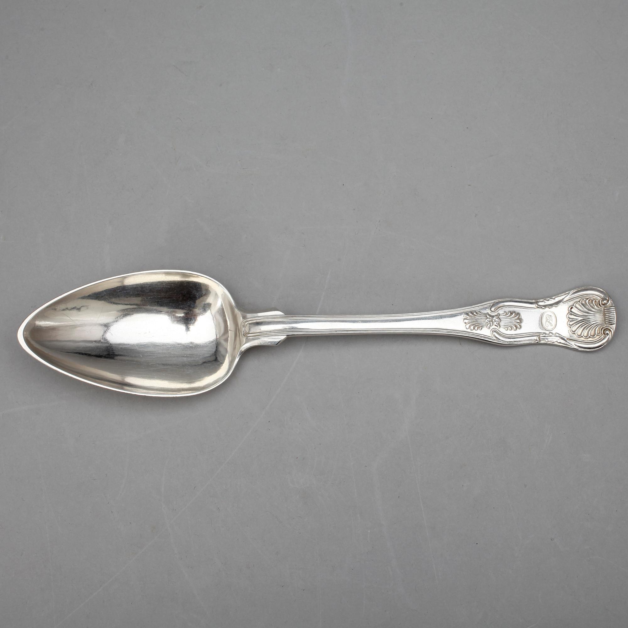 MATSKEDAR, 11 st, silver, bla Möllenborg, "Engelsk snäck", 1800-tal. Tot ca 800 gram.