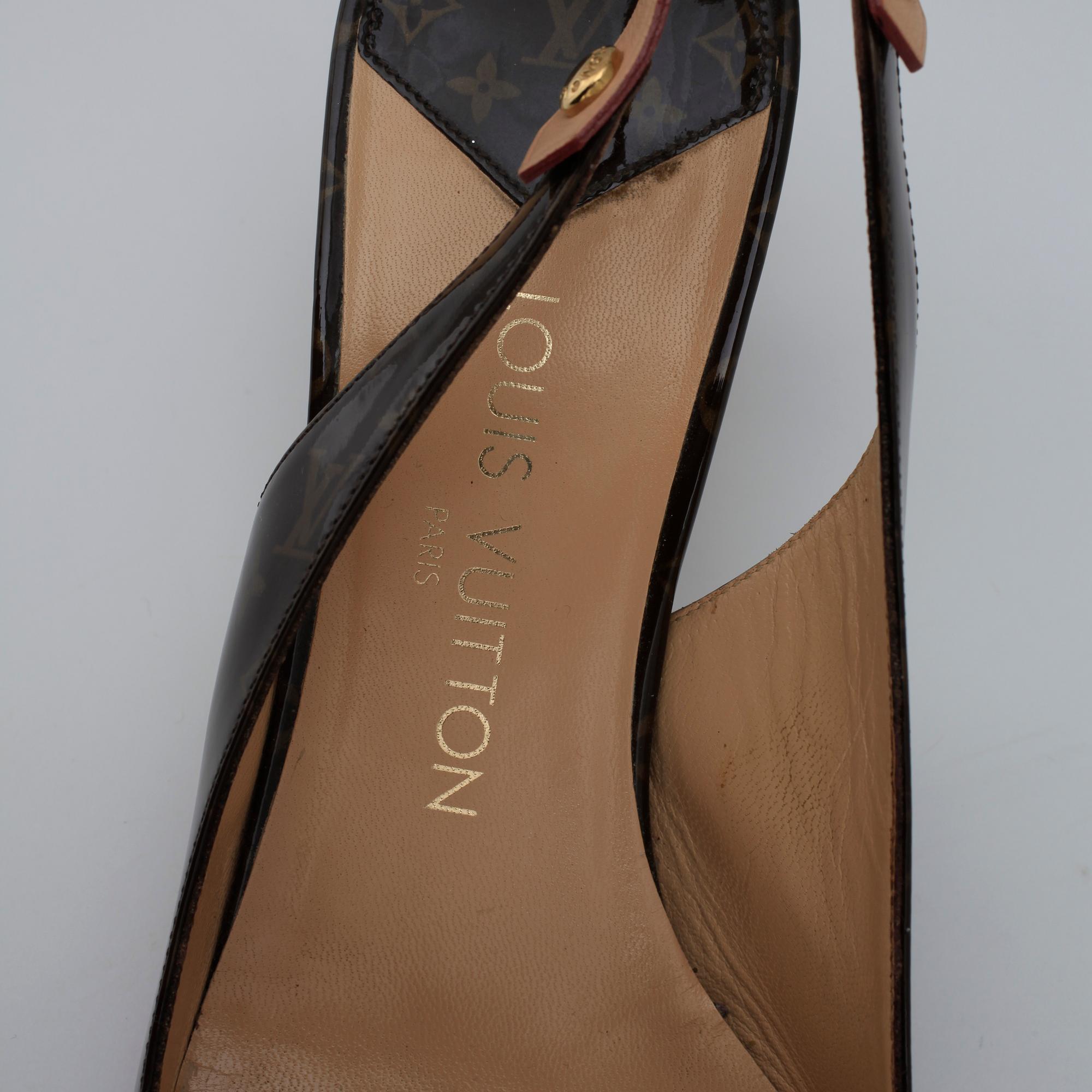 LOUIS VUITTON, a pair of brown monogram patent leather lady's shoes.