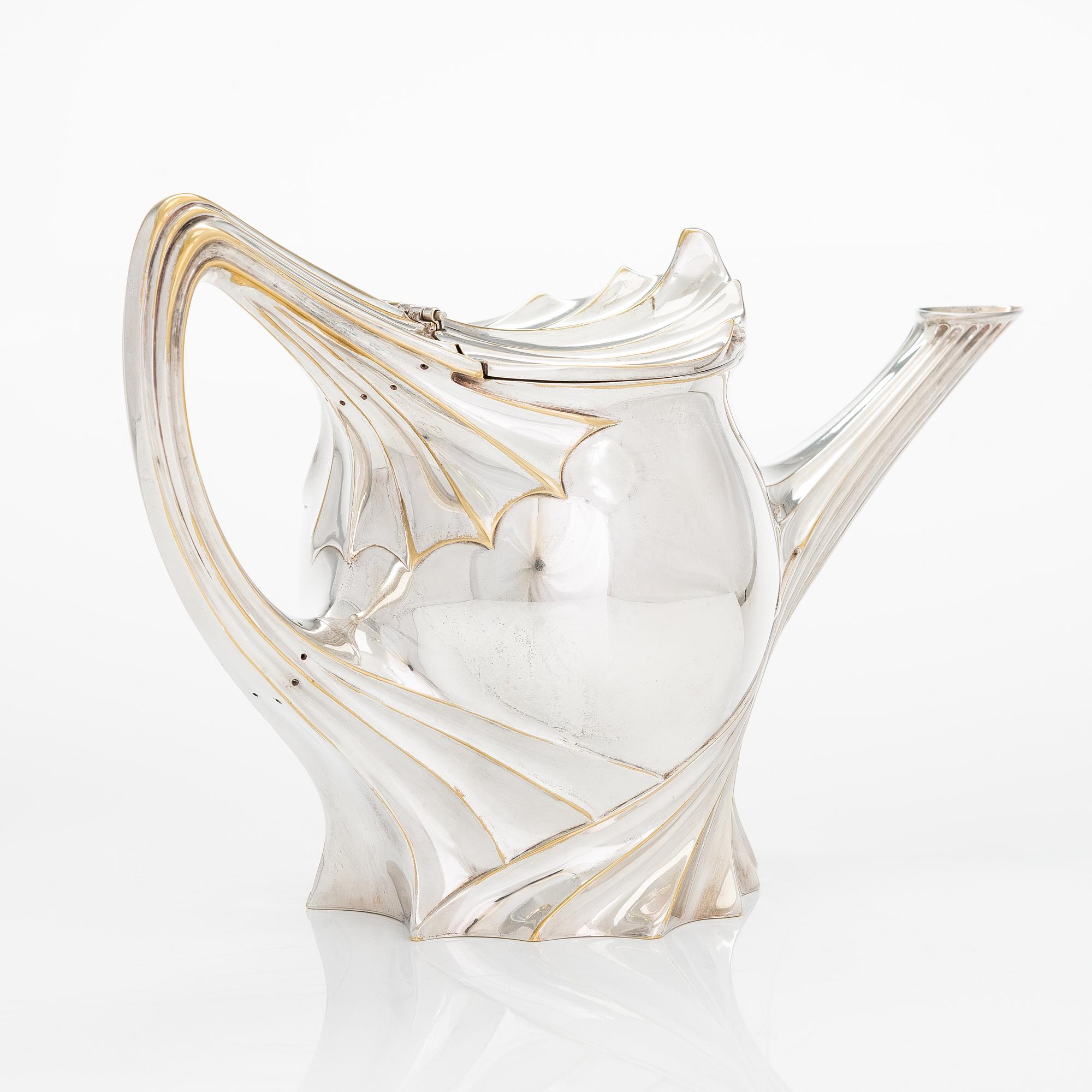 Paul Follot, teservis, försilvrad mässing, art nouveau, Frankrike tidigt 1900-tal.