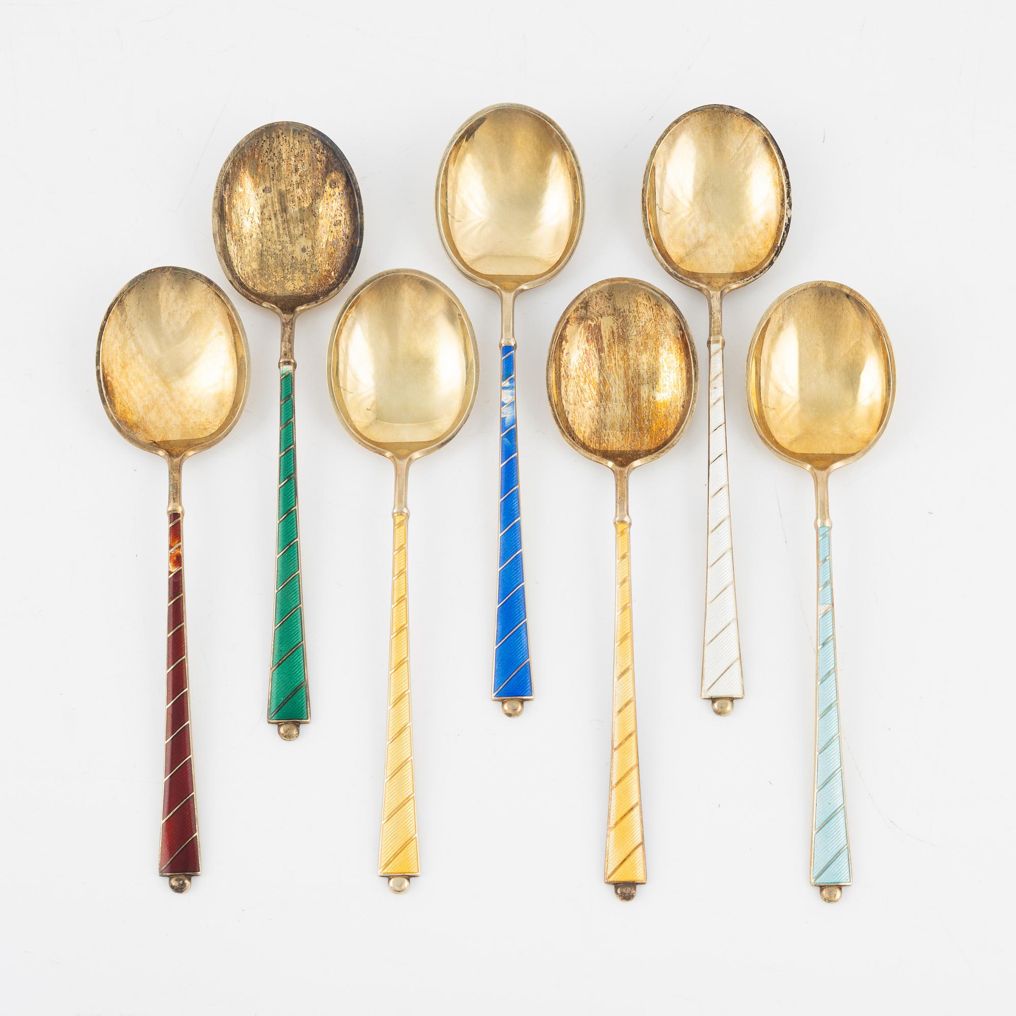 Seven silver-gilt and enamel tea spoons, Denmark mid 20th Century.