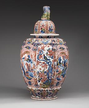 A large Delft faience jar with cover, 18th Century.