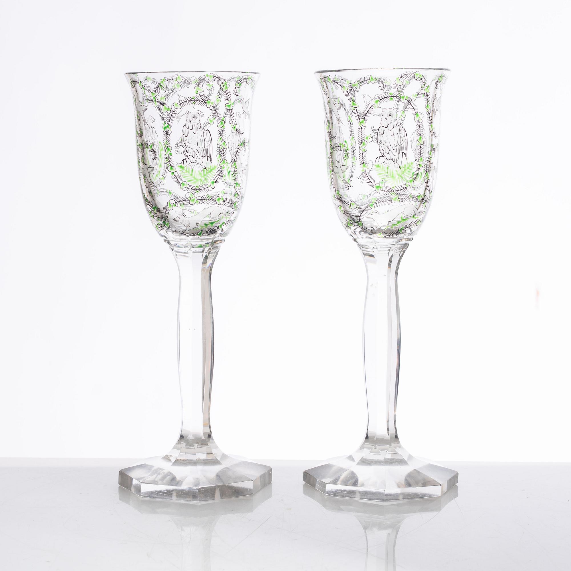 A pair of Jugend wine glasses/goblets, possibly Bohemia, early 20th century.