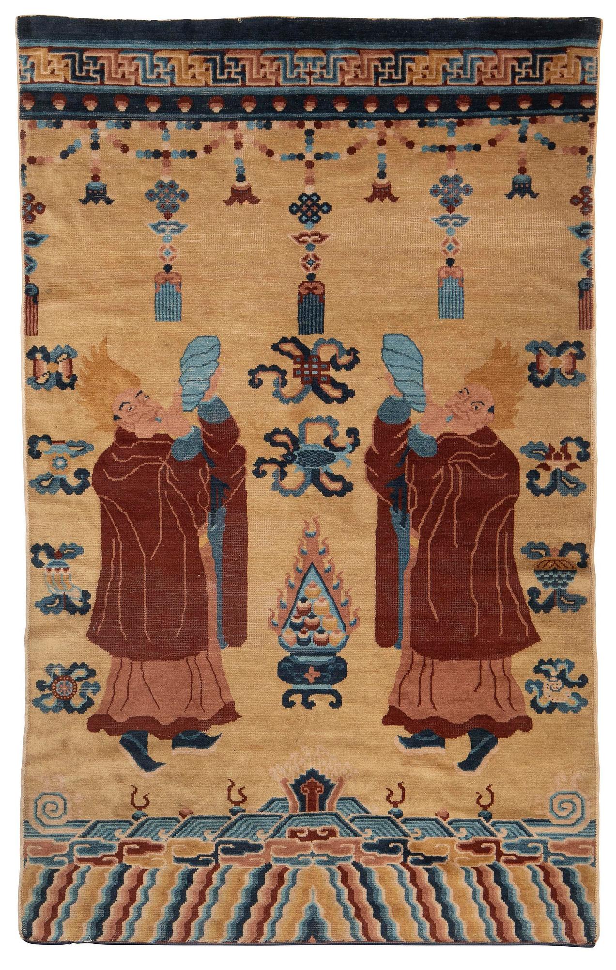 An Antique Ningzia Temple carpet, Northern China. c. 208-131 cm.