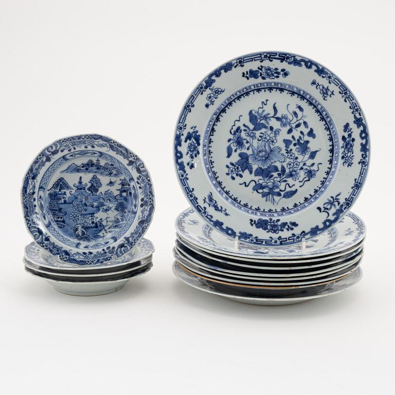 A group of nine Chinese blue and white plates and four dessert dishes, Qianlong and Jiaqing, 18th and 19th century.