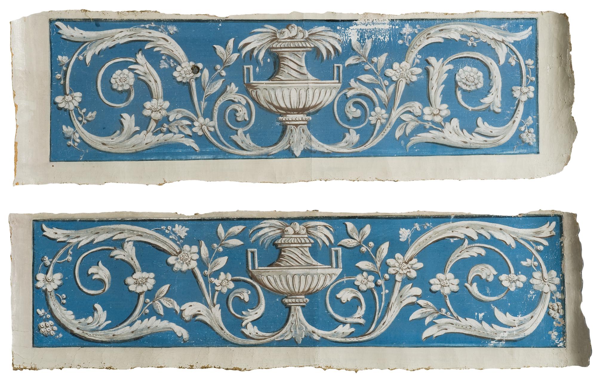 Fourteen pieces of late Gustavian wall covers of painted canvas.