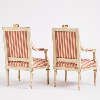 A pair of Gustavian open armchairs, Stockholm, late 18th century.