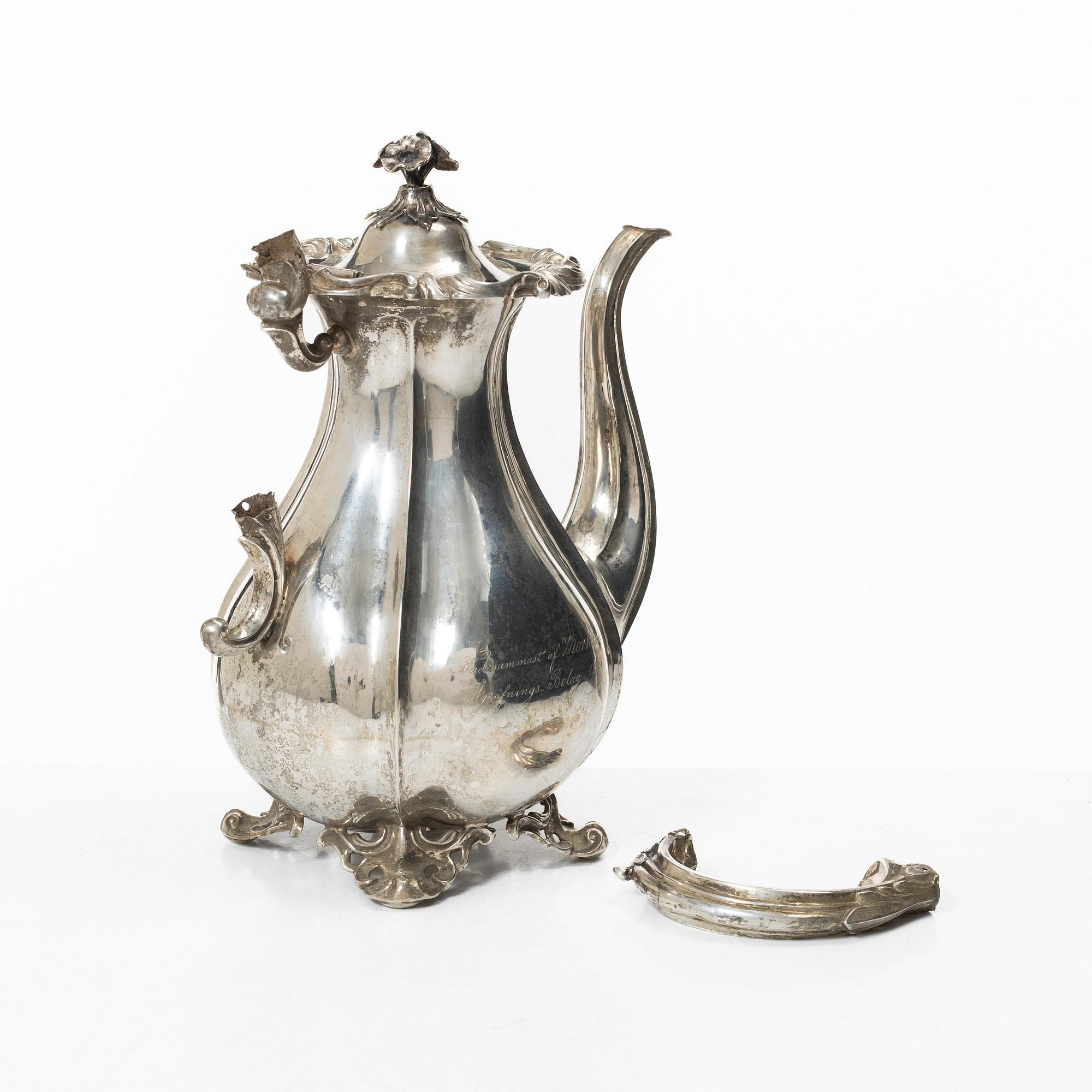 Nyrokoko, 1820, Christian Hammer, kaffekanna, silver, nyrokoko, Stockholm 1859.