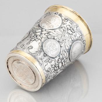 A Prussian 18th century parcel-gilt beaker, makers mark Johann Leopold Käwerstein, Königsberg 1754-1761.