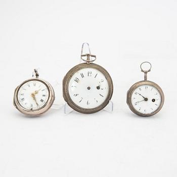 A set of three different 18th/19th century silver pocket watches.