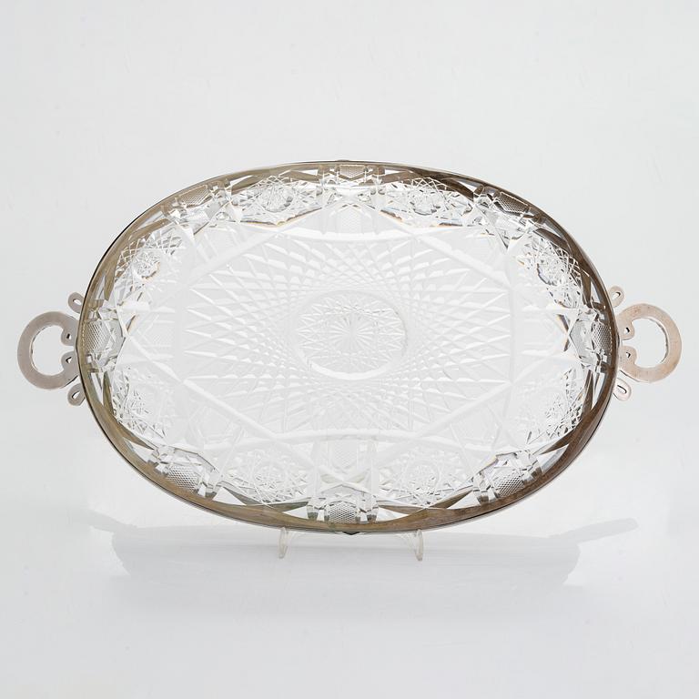 Fabergé, a silver-mounted cut glass serving dish, Imperial Warrant mark, Moscow 1908-1917.