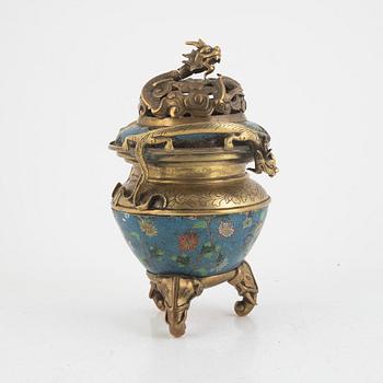 A Chinese cloisonné and bronze tripod censer, late Qing dynasty.
