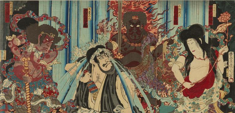 Toyohara Kunichika, triptyk, "Prince Mongaku with Fudo Myo-o, Kongara, and Seitaka Beneath the Nachi Waterfall".