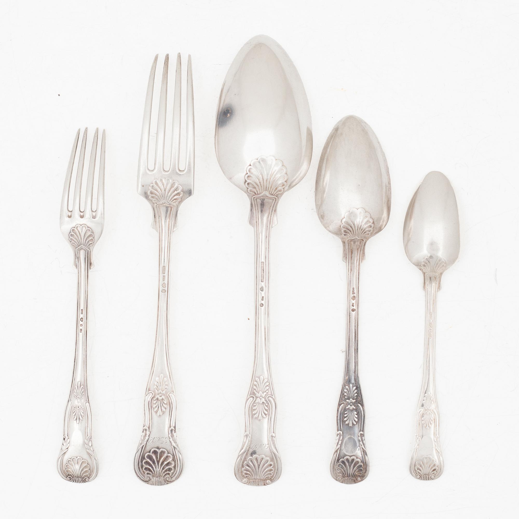 Bestick, 30 delar, silver, "Engelsk snäck", bl a JE Torsk, Stockholm 1862.