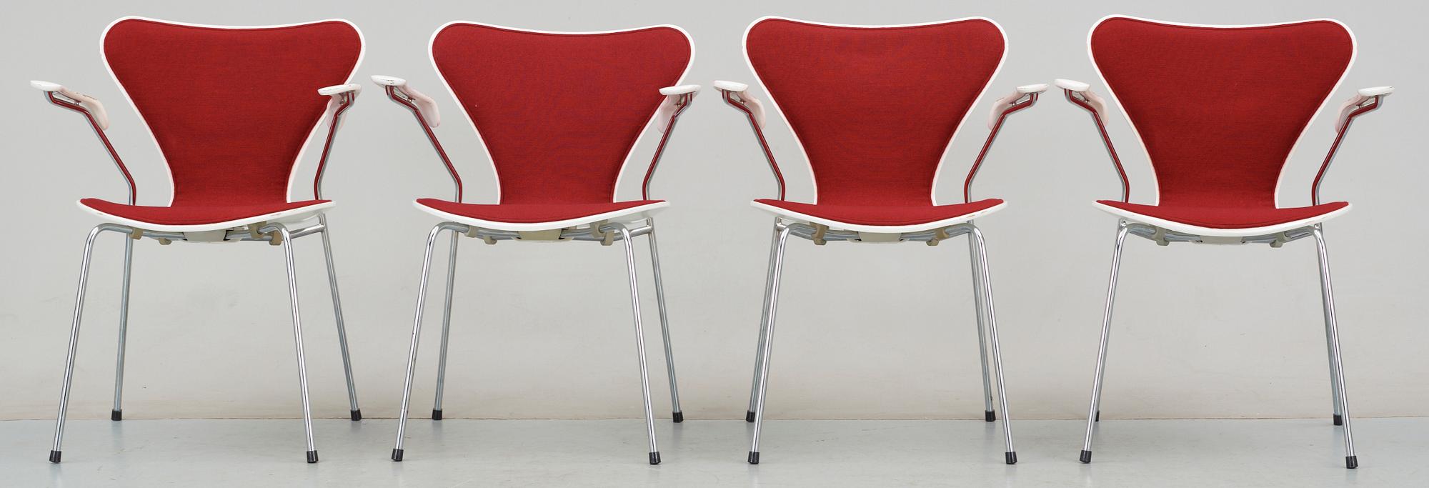 KARMSTOLAR, 4 st, "Sjuan", Arne Jacobsen, Fritz Hansen, formgiven 1955.