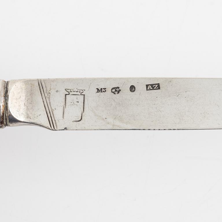 Adolf Zethelius, six silver dessert knives, Stockholm 1815-18.